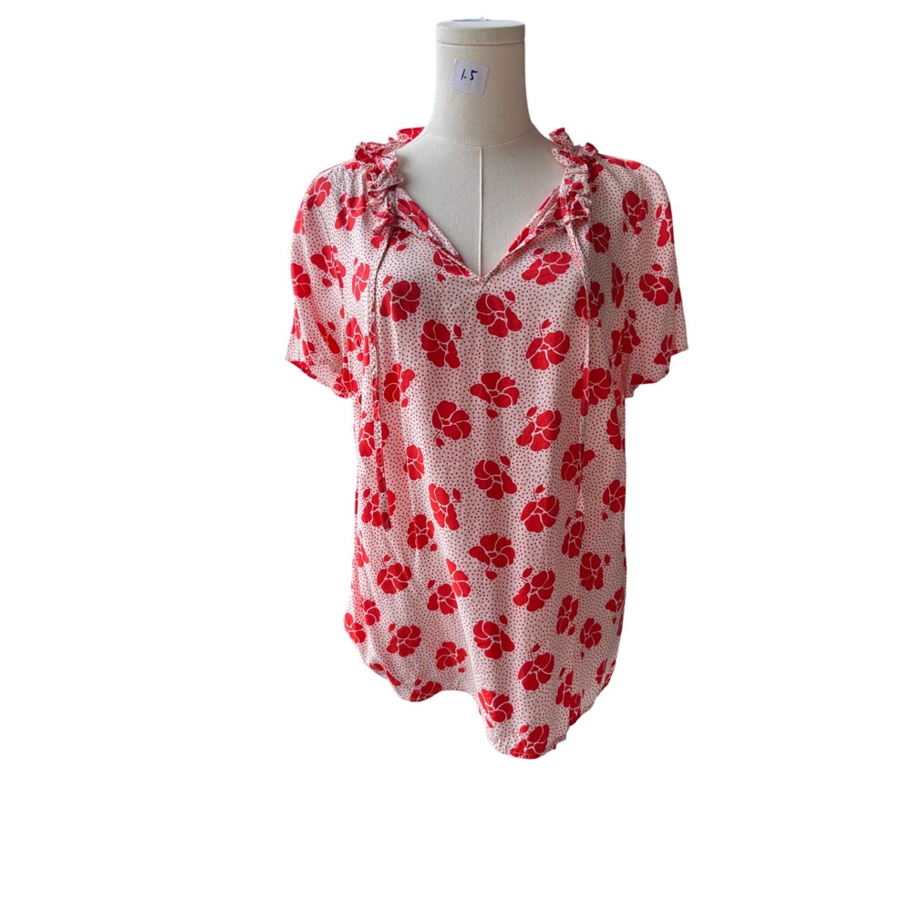 Boden Blouse Womens US 12 Red White Floral Polka Dot Silk Viscose Workwear Top